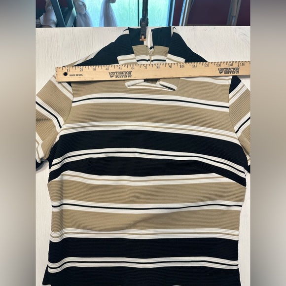 Vintage Mod Style Knit Dress Striped Beige Black White Mock Neck Short SleeveM/L - Picture 3 of 7